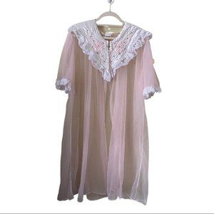 Vintage 60s 70s Trad Wife Lingerie Sheer Pink Short Sleeve Robe